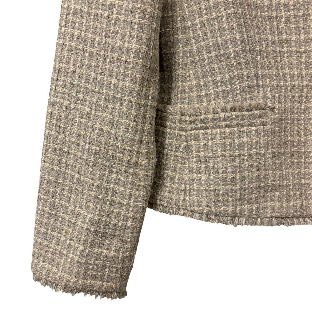 Ann Taylor Women's Gray, Taupe & White Tweed Fringe Hem Blazer, one button, 12 - Picture 4 of 6